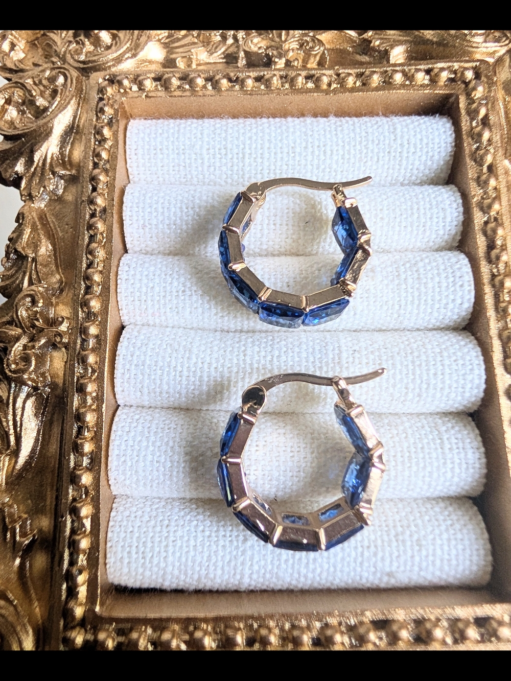 Gold Hoop Earrings with Blue Gemstones ๐โ๏ธ๐ - Picture 6 of 6